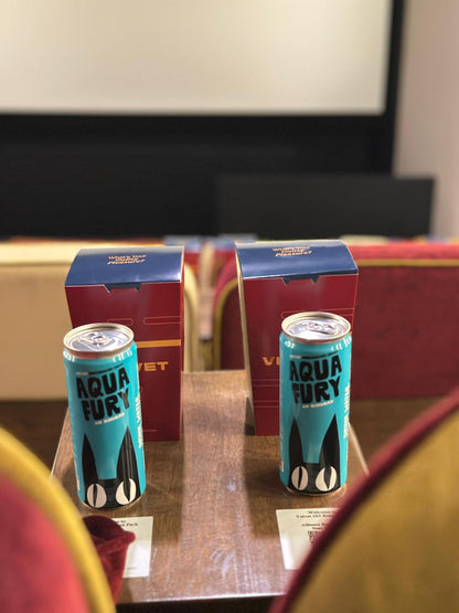Two cans of 'Aqua Fury' with Popcorns